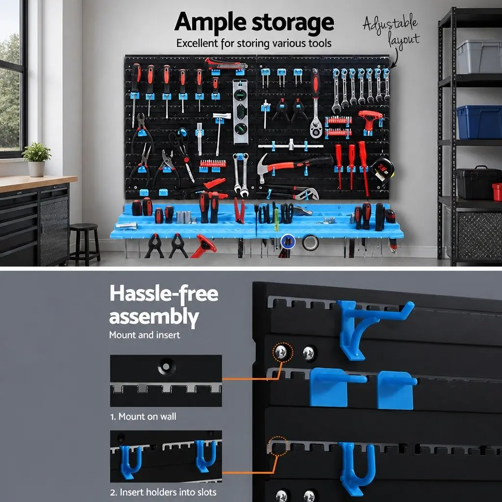 Wall Mounted Tool Storage Rack Organiser 4 Shelves Blue Black