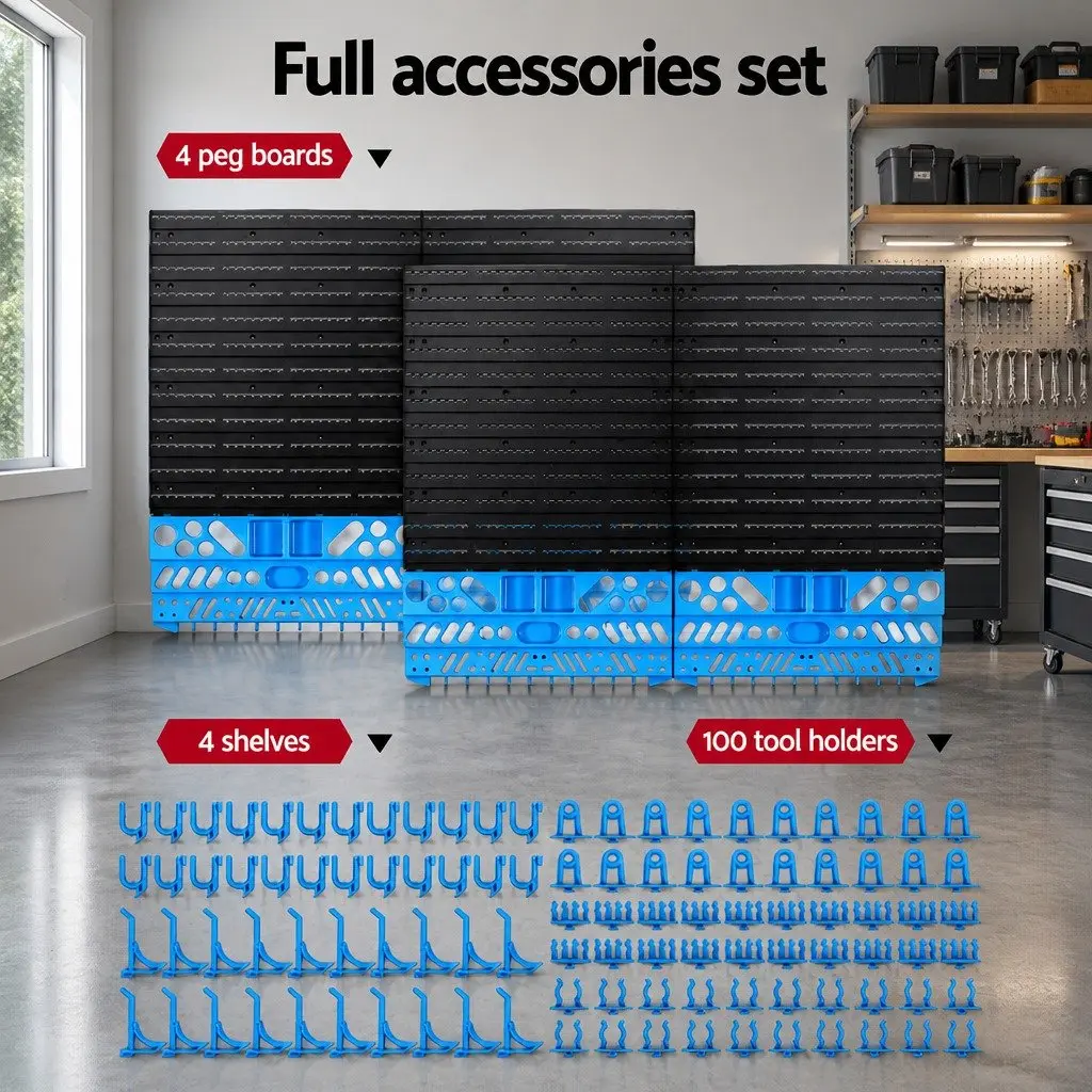 Wall Mounted Tool Storage Rack Organiser 4 Shelves Blue Black