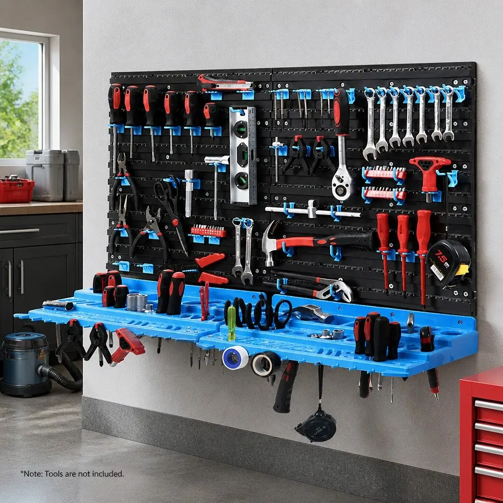 Wall Mounted Tool Storage Rack Organiser 4 Shelves Blue Black