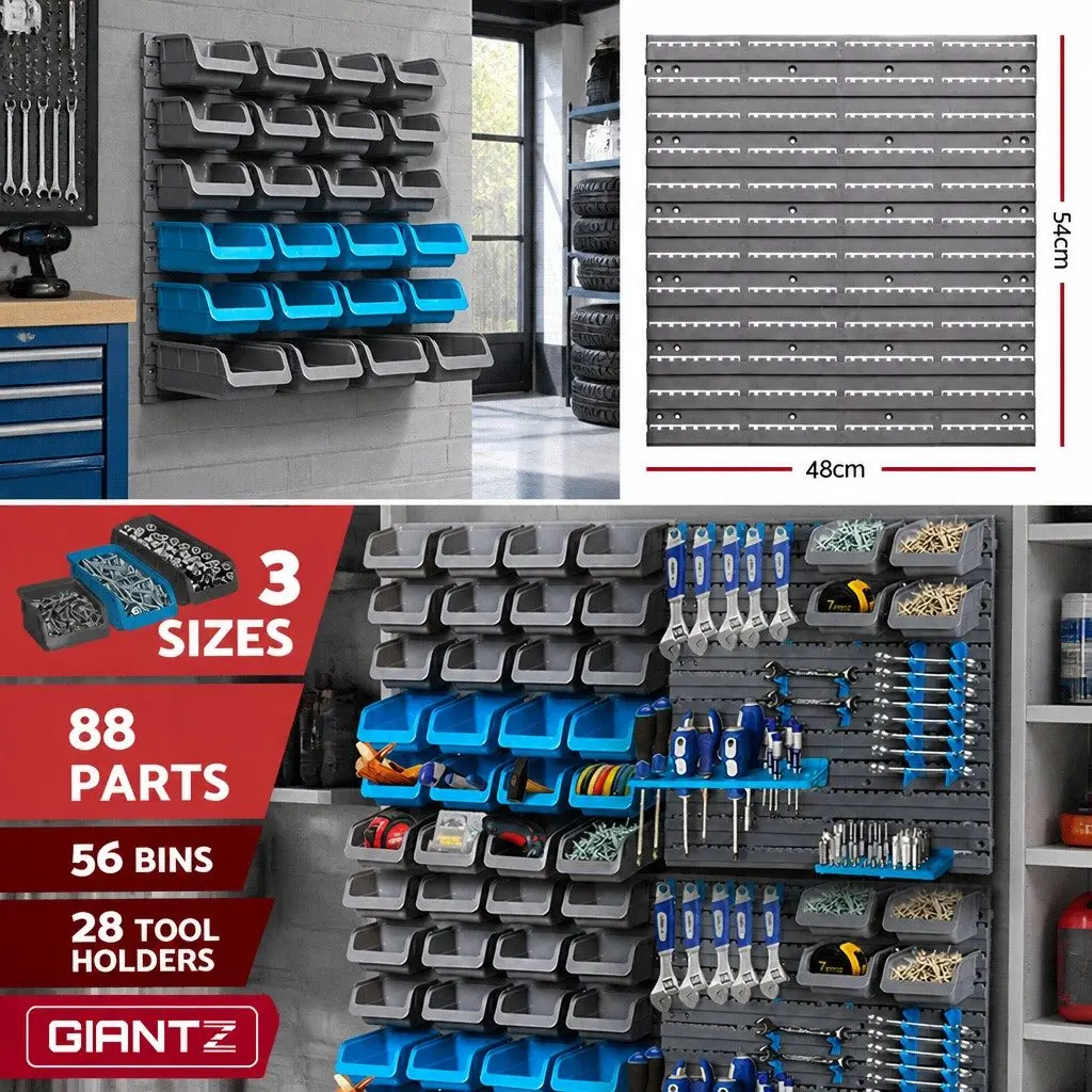 Wall Mounted Storage Bin Rack 88 Parts Tool Organiser Heavy Duty Pegboard Blue Grey