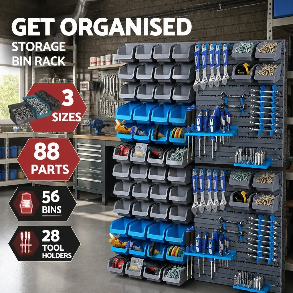 Wall Mounted Storage Bin Rack 88 Parts Tool Organiser Heavy Duty Pegboard Blue Grey