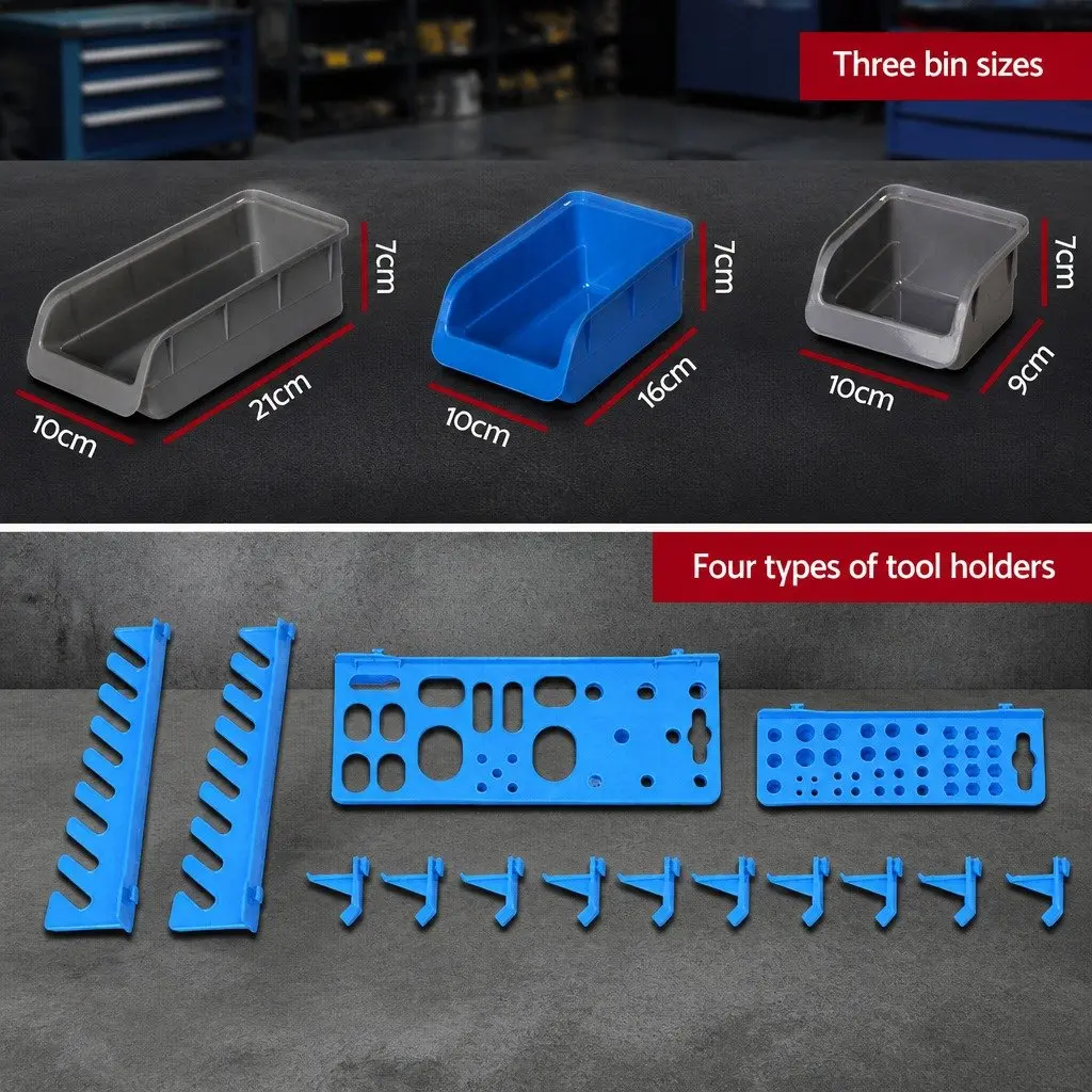 Wall Mounted Storage Bin Rack 88 Parts Tool Organiser Heavy Duty Pegboard Blue Grey