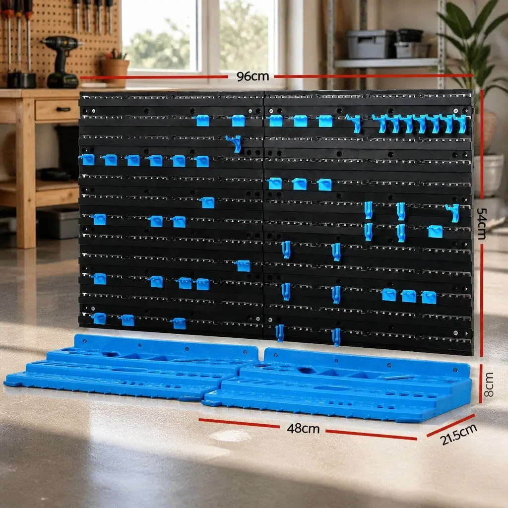 Wall Mounted Tool Storage Rack 54 Piece Organiser Blue and Black