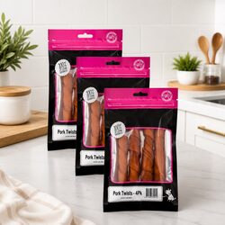 Pork Twists Dog Treats Natural Chewy 4 Pack x 3 High Protein Pet Chew
