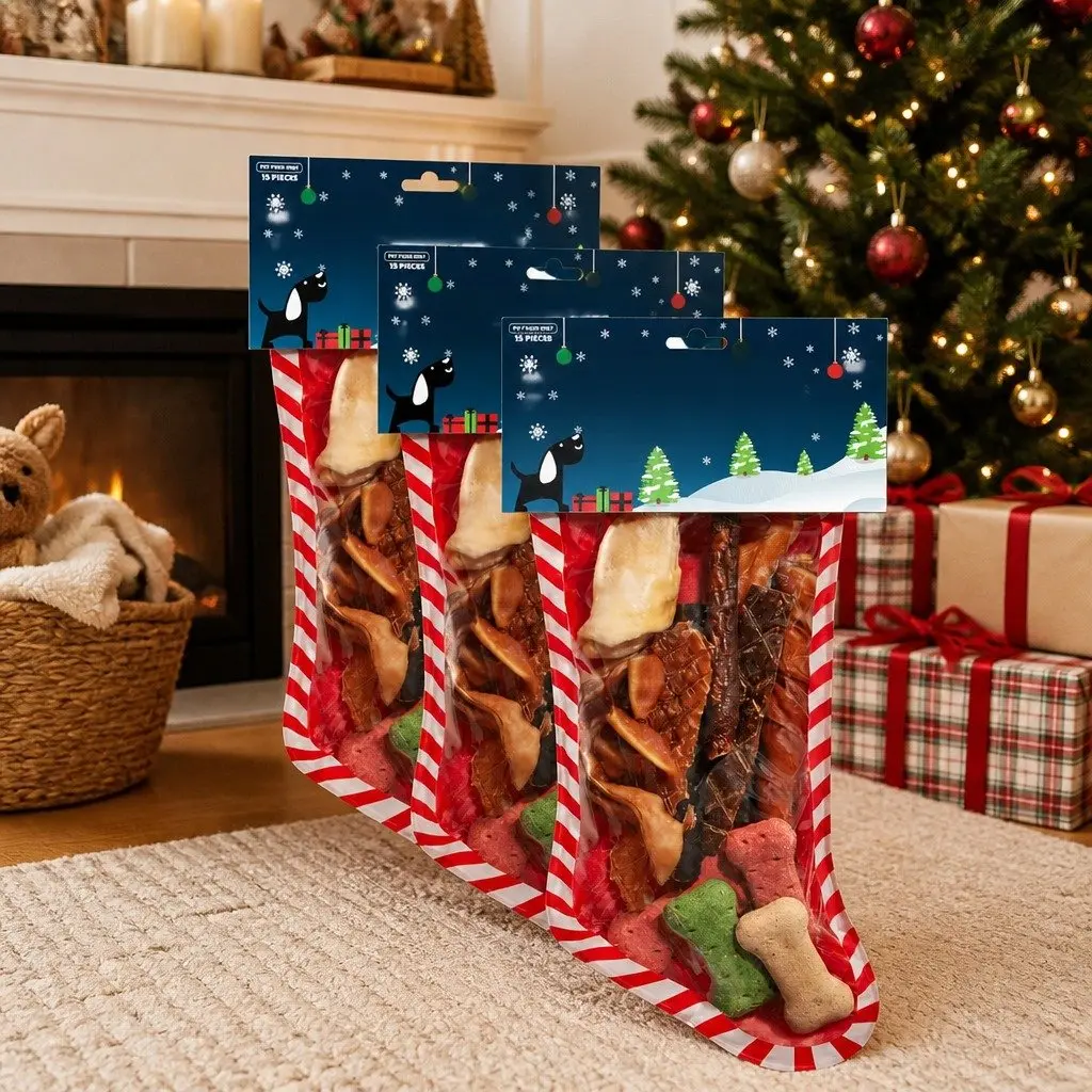 Dog Christmas Stocking 15pc Treats Pack Festive Holiday Gift Pet Chew Snacks
