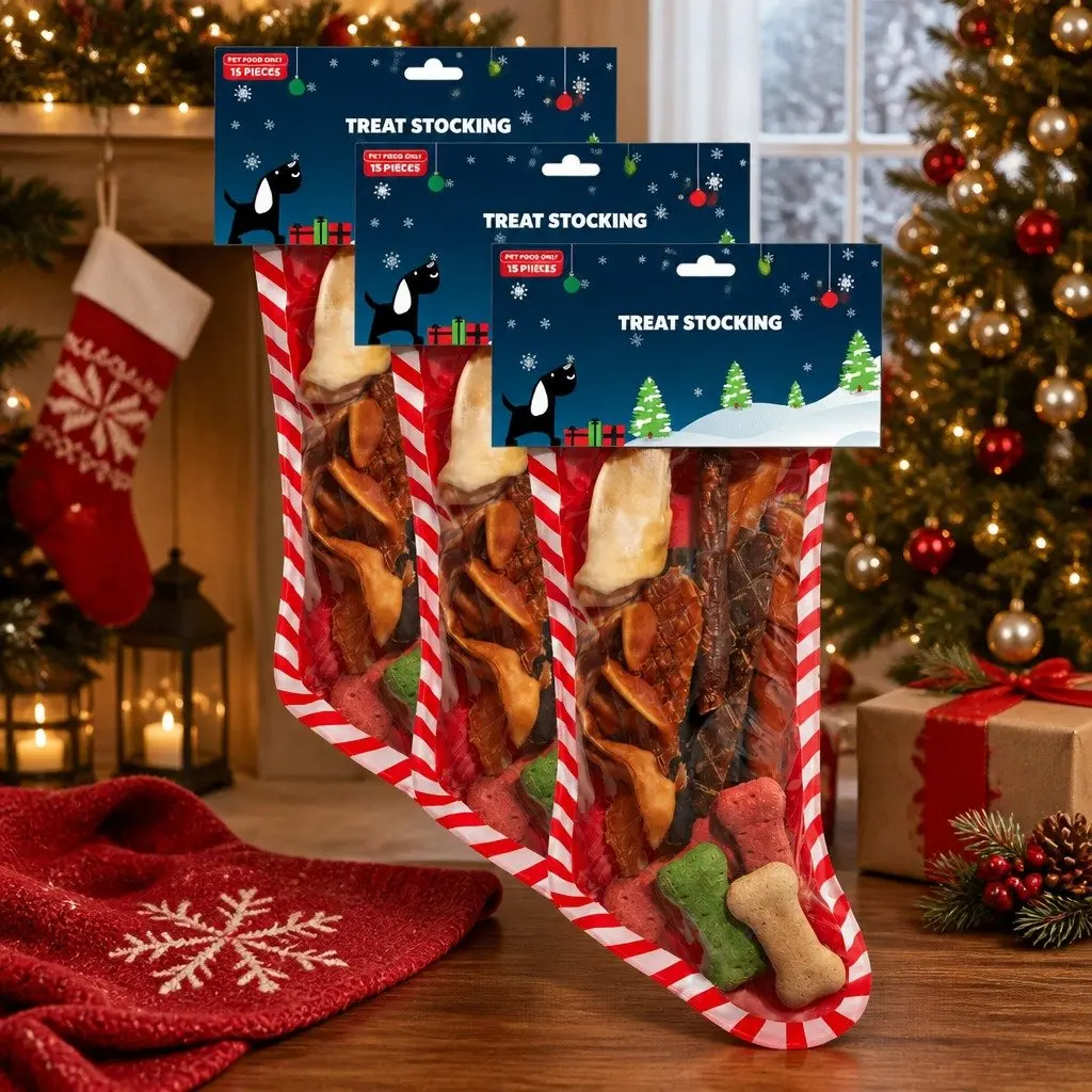 Dog Christmas Stocking 15pc Treats Pack Festive Holiday Gift Pet Chew Snacks