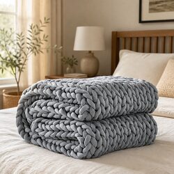 Weighted Knitted Blanket Chunky Grey Kids Adults Anxiety Stress Relief Sleeping