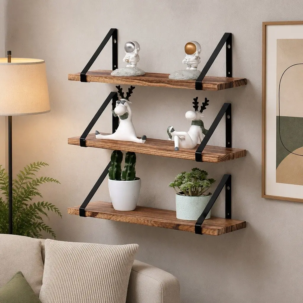 Floating Shelf Wooden Wall Storage Display Rack Natural 43cm W x 12.5cm D x 12cm H