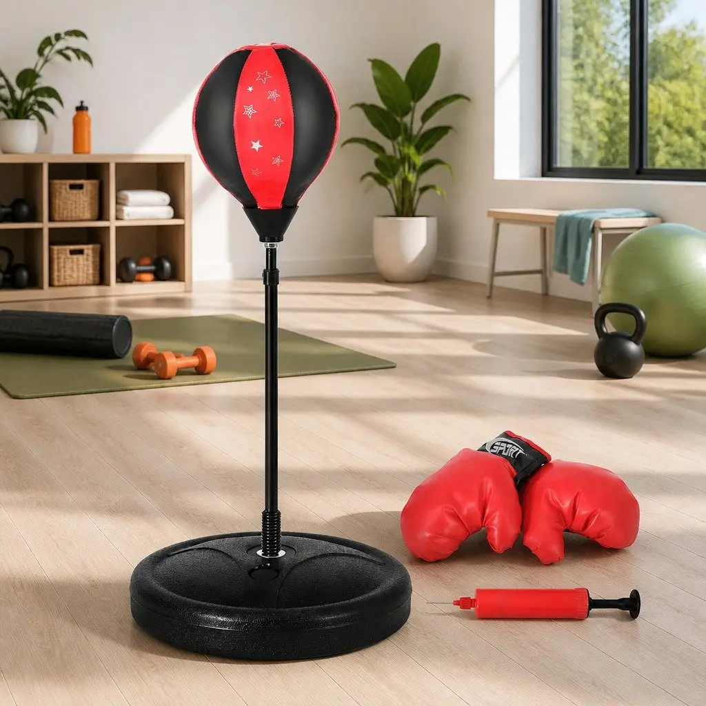 Kids Boxing Bag Stand Set Height Adjustable Freestanding Punching Bag Red or Black PU Leather and Foam
