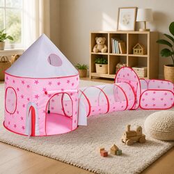 Kids Play Tent 3-in-1 Playhouse Crawl Tunnel Basketball Hoop Ball Pit Pink
