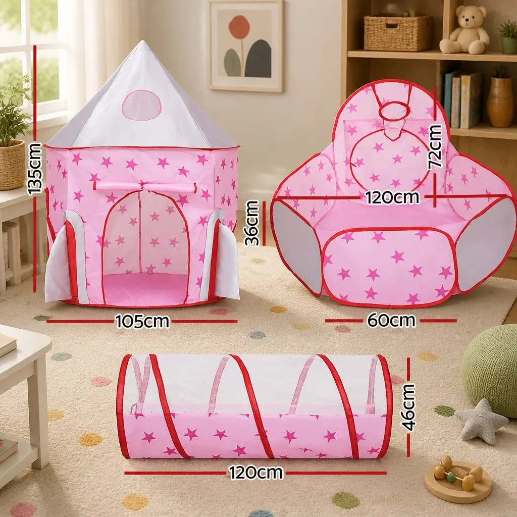 Kids Play Tent 3-in-1 Playhouse Ball Pit Basketball Hoop Crawl Tunnel Pink