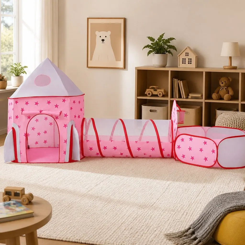 Kids Play Tent 3-in-1 Playhouse Ball Pit Basketball Hoop Crawl Tunnel Pink