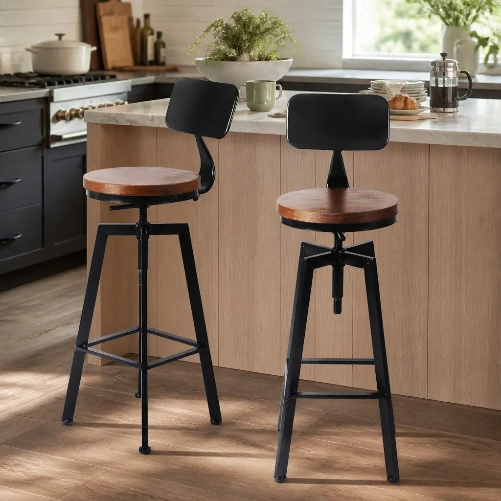 Bar Stool Kitchen Counter Height Swivel Adjustable Wooden Metal Seat 70-88cm