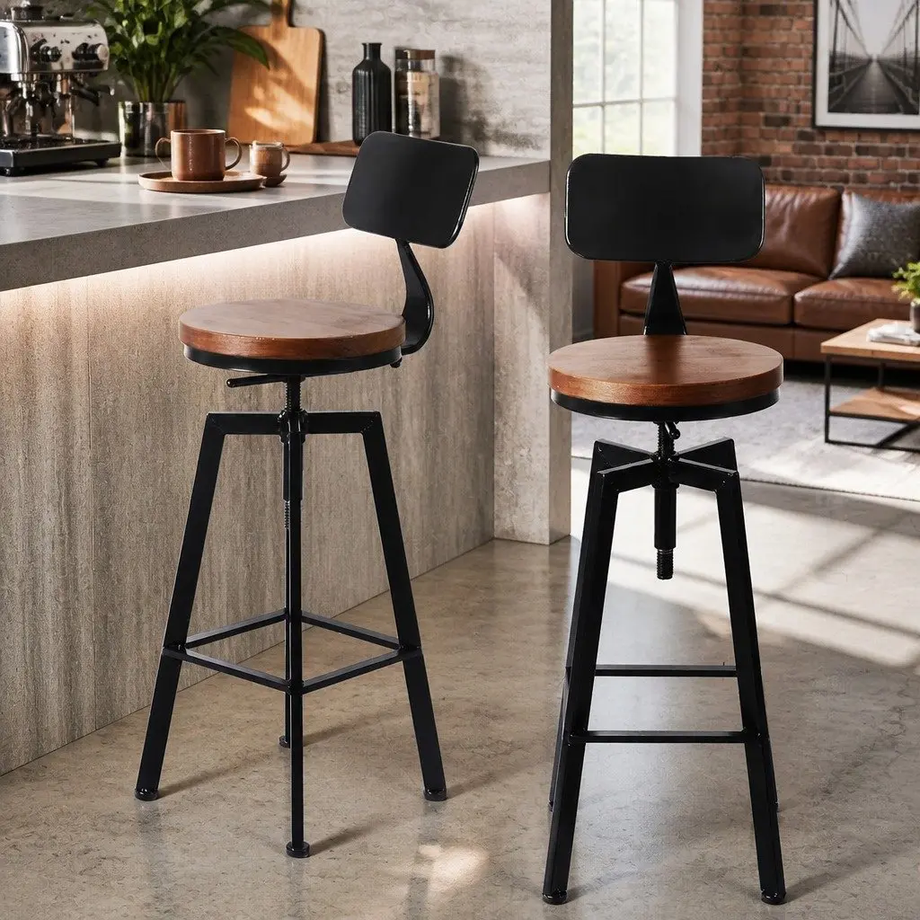 Bar Stool Kitchen Counter Height Swivel Adjustable Wooden Metal Seat 70-88cm