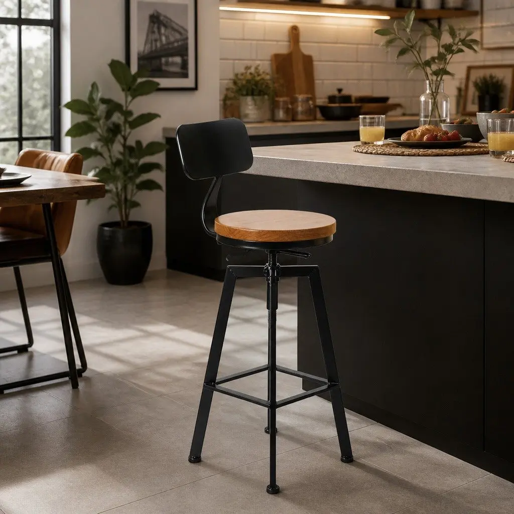 Bar Stool Kitchen Counter Height Wooden Seat Swivel Adjustable Metal Frame Set 4