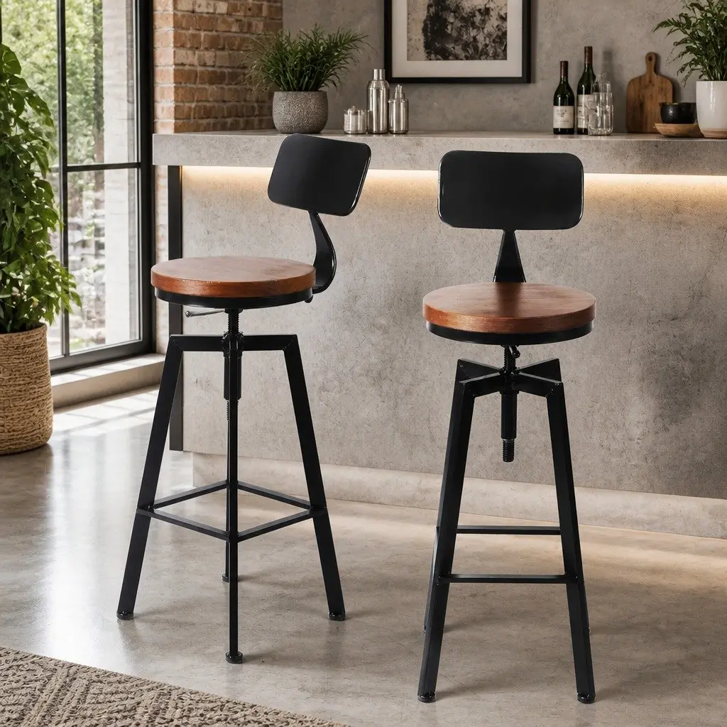Bar Stool Kitchen Counter Height Wooden Seat Swivel Adjustable Metal Frame Set 4