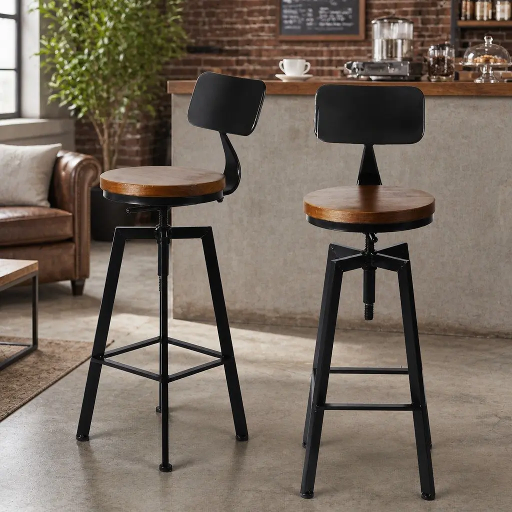 Bar Stool Kitchen Counter Height Wooden Seat Swivel Adjustable Metal Frame Set 4