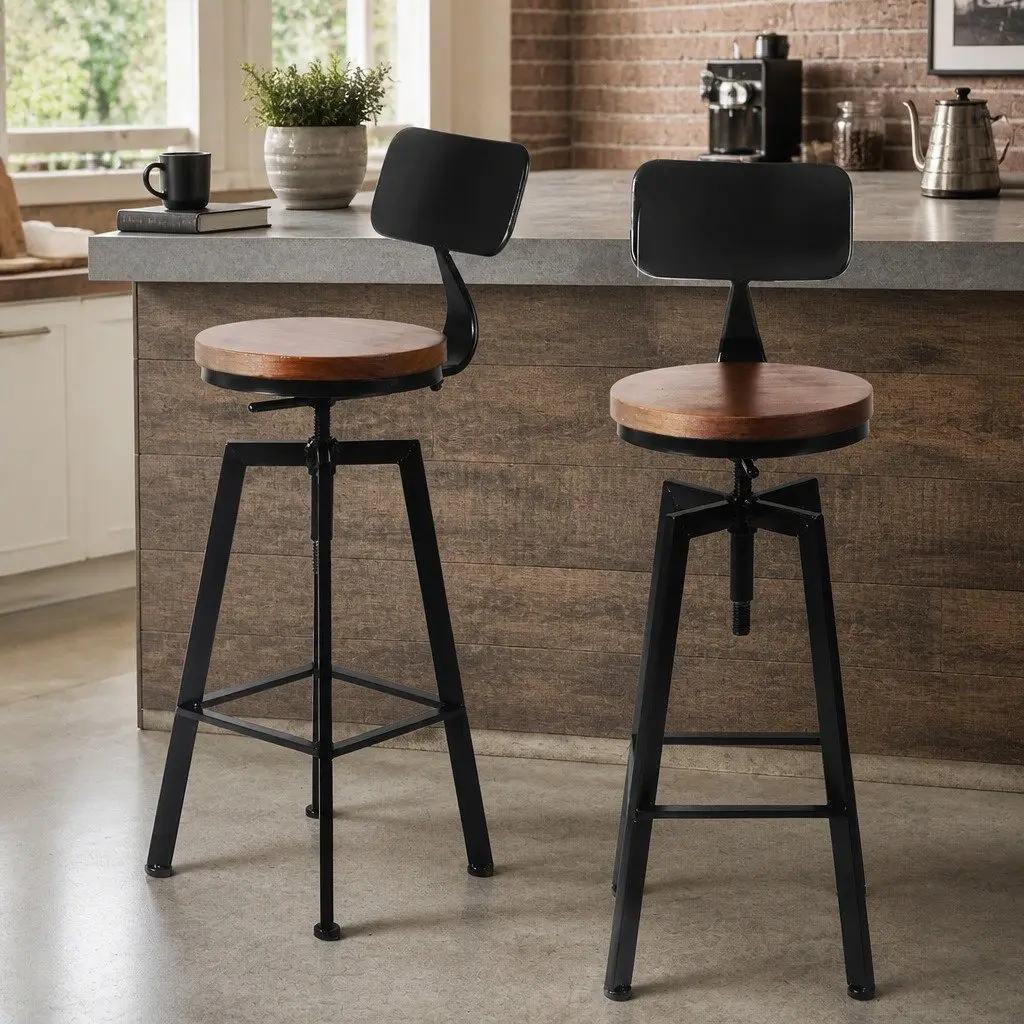 Bar Stool Adjustable Height Swivel Seat Pinewood Black Frame