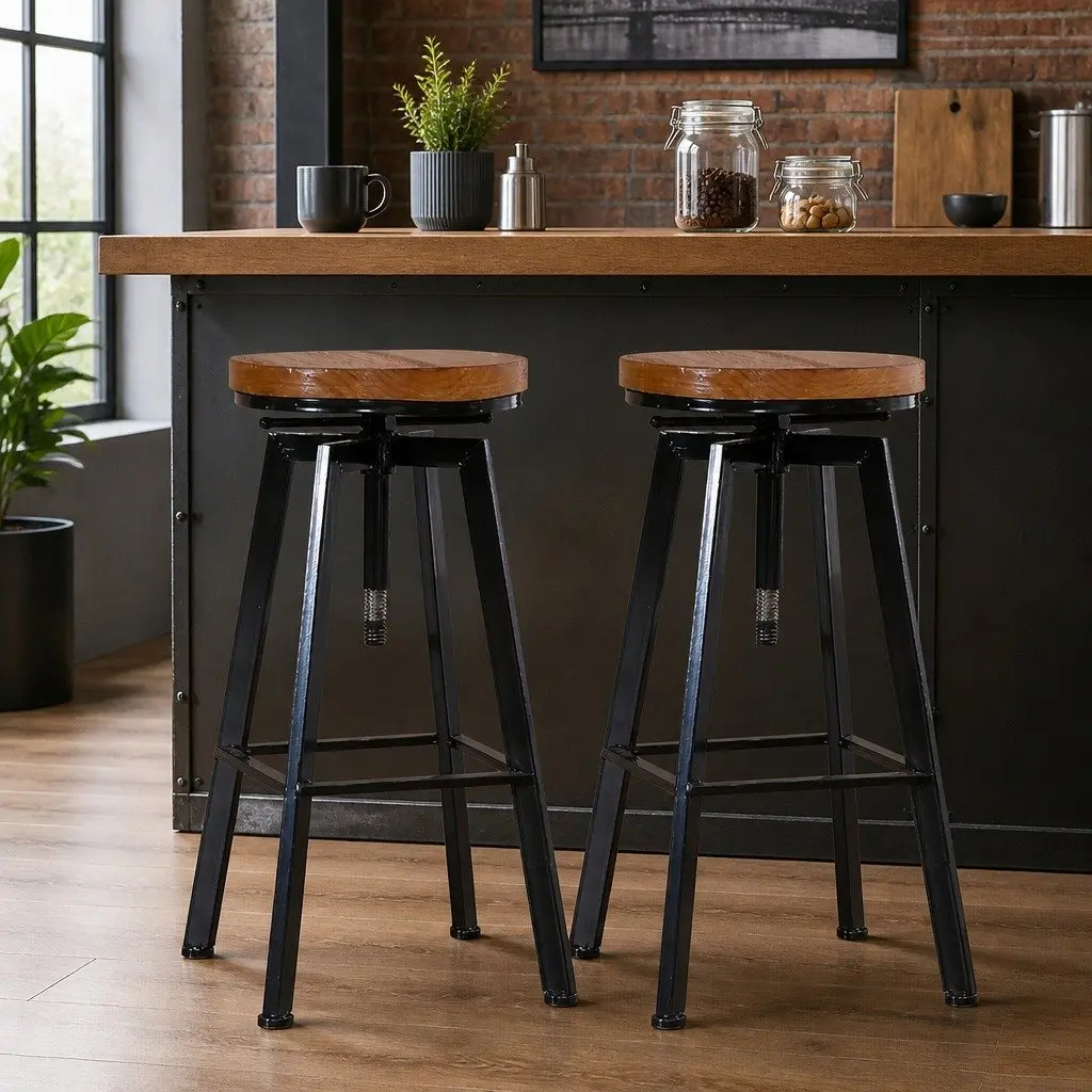 Bar Stools Industrial Adjustable Height Swivel Seat Wooden Metal