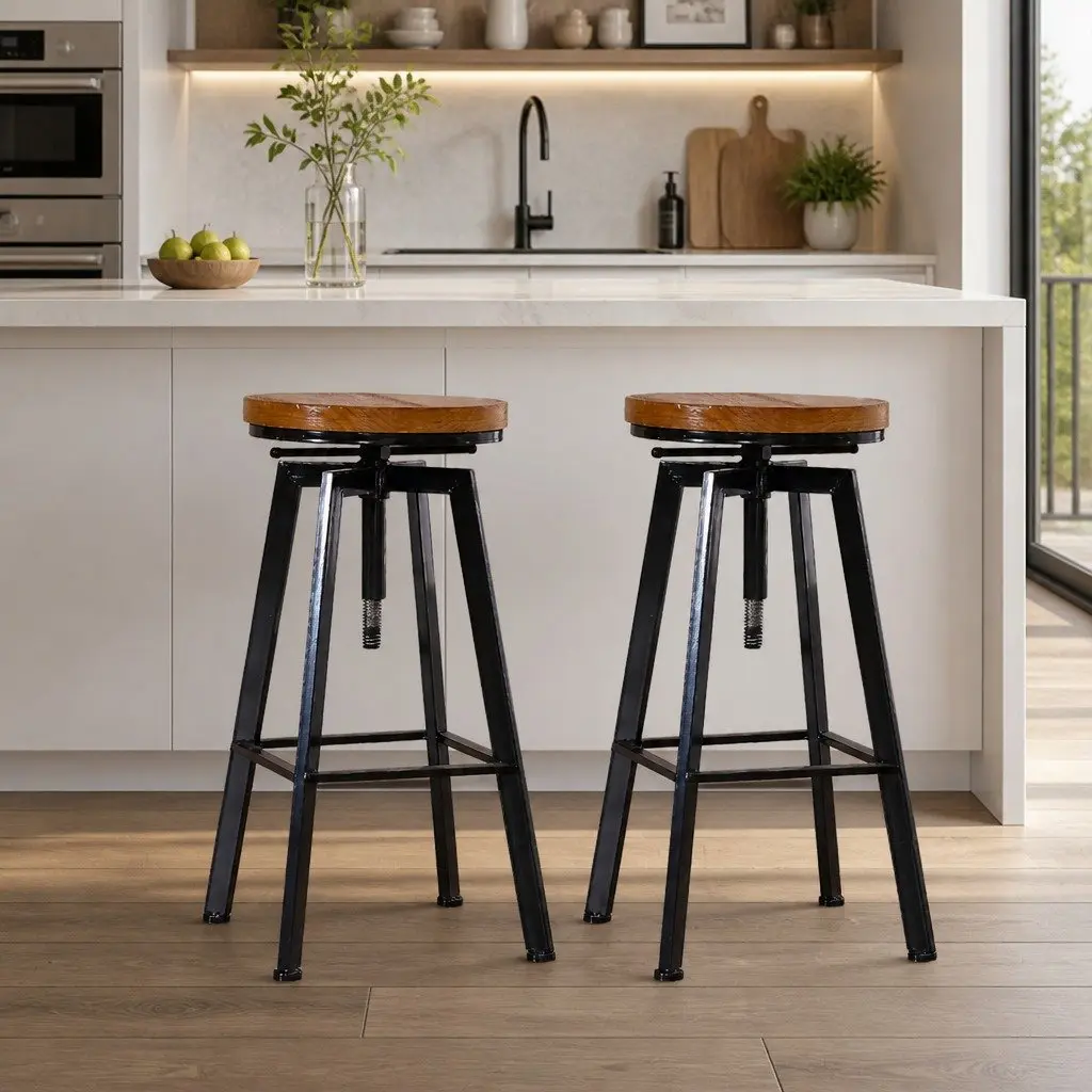Bar Stools Industrial Adjustable Height Swivel Seat Wooden Metal