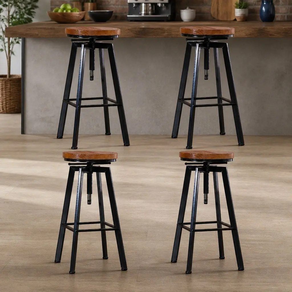 Bar Stools Industrial Kitchen Set 4 Swivel Adjustable Height Wooden Seat Metal