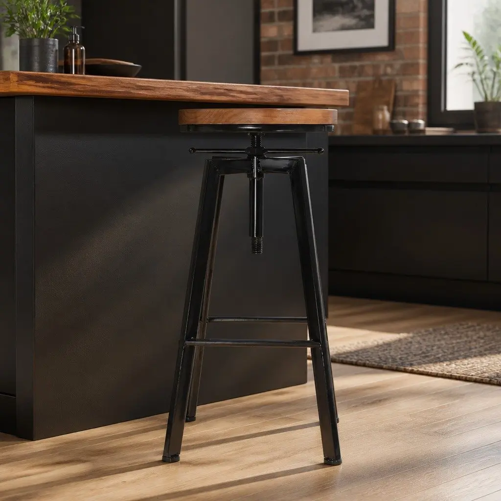 Bar Stools Industrial Kitchen Set 4 Swivel Adjustable Height Wooden Seat Metal