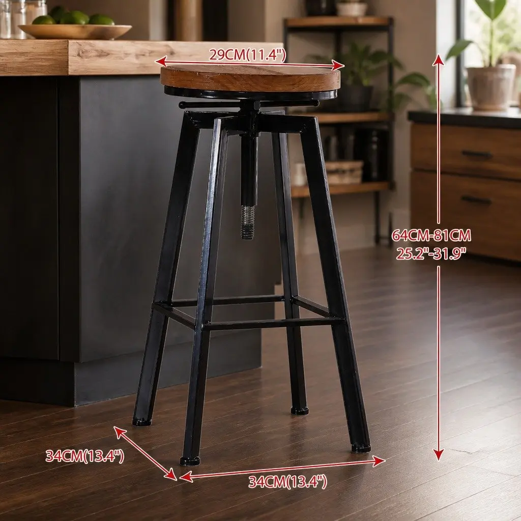 Bar Stools Industrial Kitchen Set 4 Swivel Adjustable Height Wooden Seat Metal
