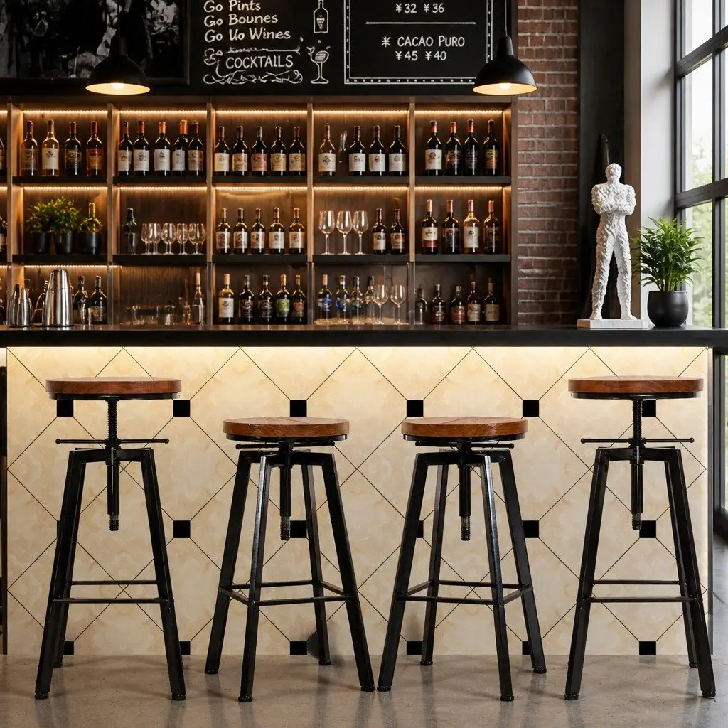 Bar Stools Industrial Kitchen Set 4 Swivel Adjustable Height Wooden Seat Metal