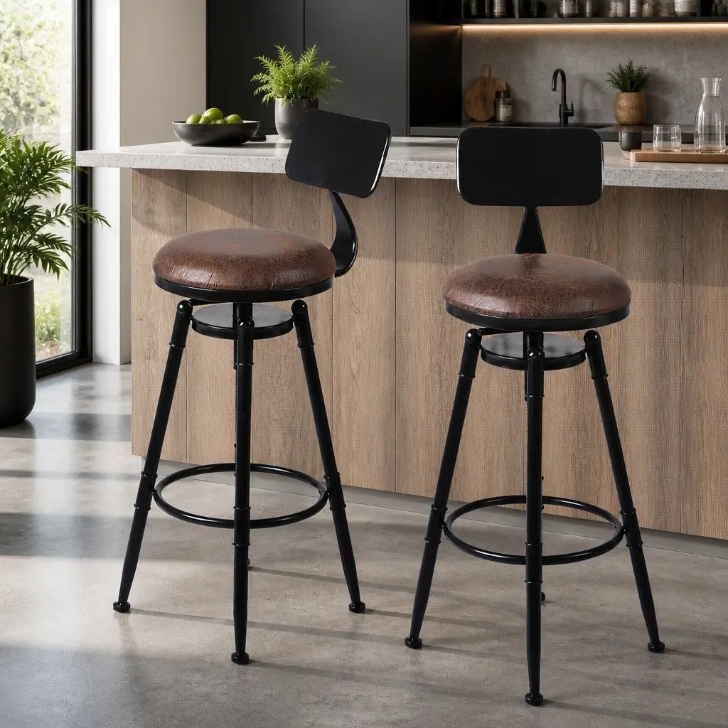 Bar Stool Kitchen Counter Height Swivel Adjustable Wooden PU Seat Footrest