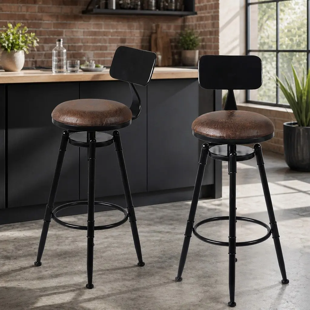 Bar Stool Kitchen Counter Height Swivel Adjustable Wooden PU Seat Footrest