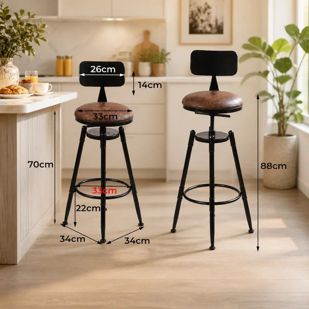 Bar Stool Industrial Adjustable Height Swivel Footrest Brown PU Leather