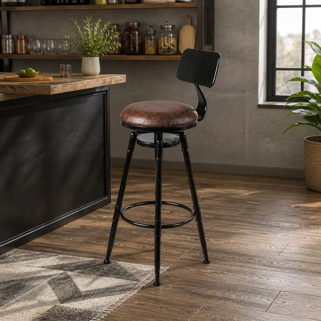 Bar Stool Industrial Adjustable Height Swivel Footrest Brown PU Leather