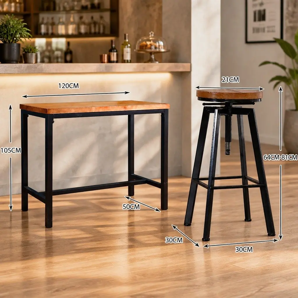 3-Piece Bar Table and Stools Set Industrial Kitchen Dining Furniture Home Cafe