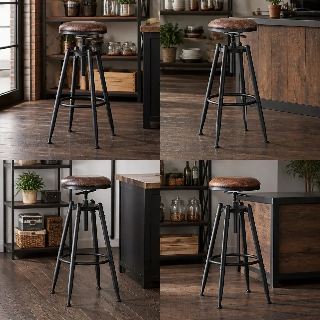 Bar Stools Industrial Kitchen Set of 4 Adjustable Height Swivel Seat Retro