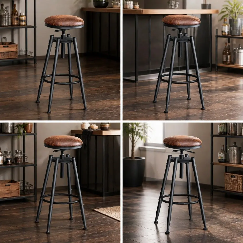 Bar Stools Industrial Kitchen Set of 4 Adjustable Height Swivel Seat Retro