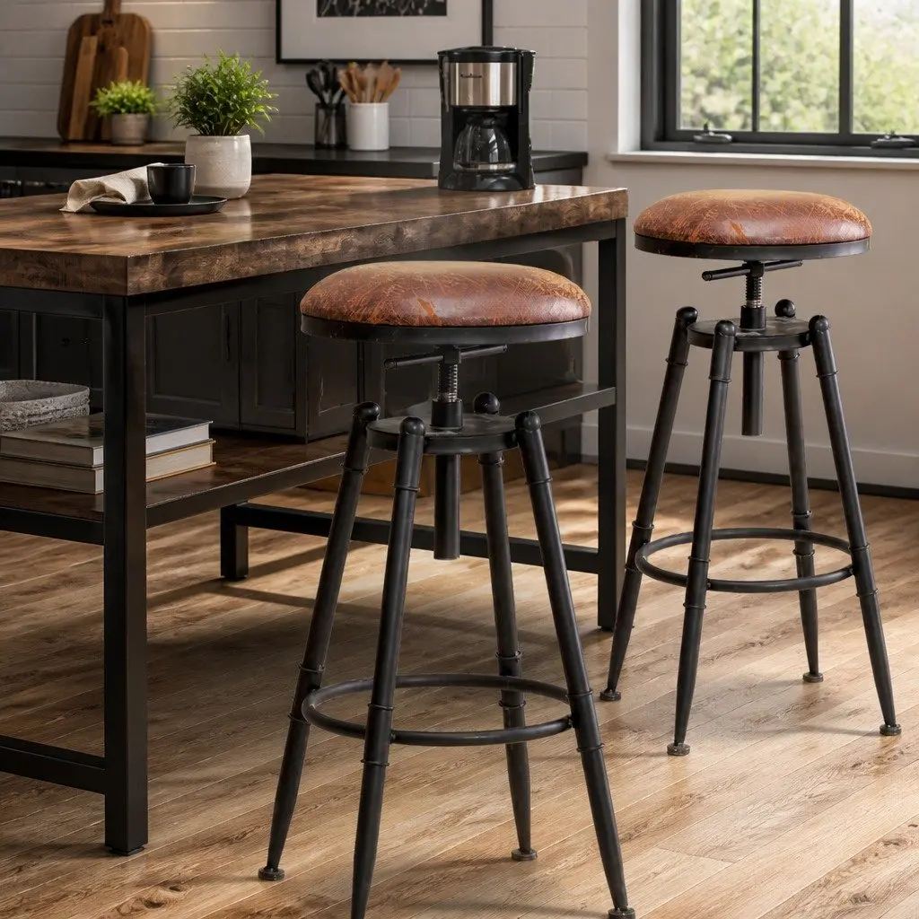 Bar Stools Industrial Kitchen Set of 4 Adjustable Height Swivel Seat Retro