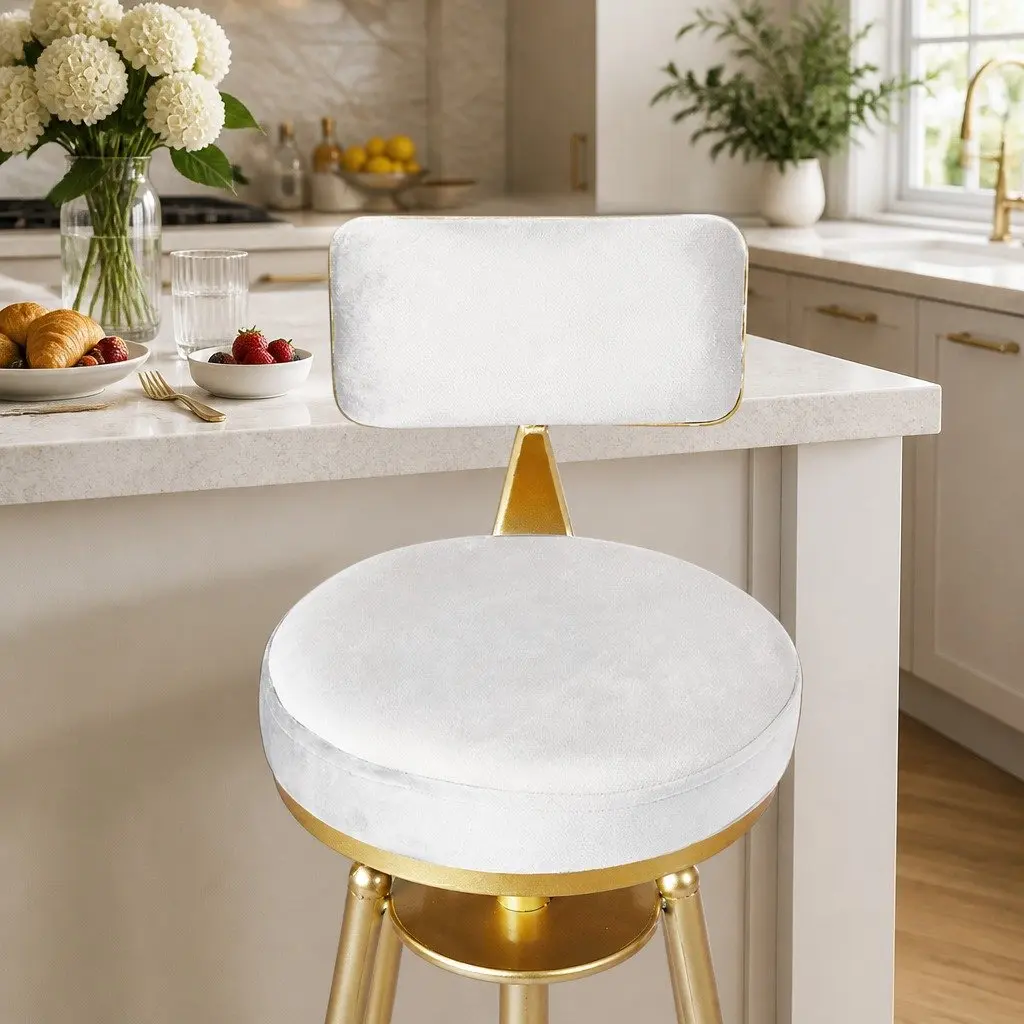 Bar Stools Swivel Adjustable Height White Velvet Kitchen Counter Chair Set