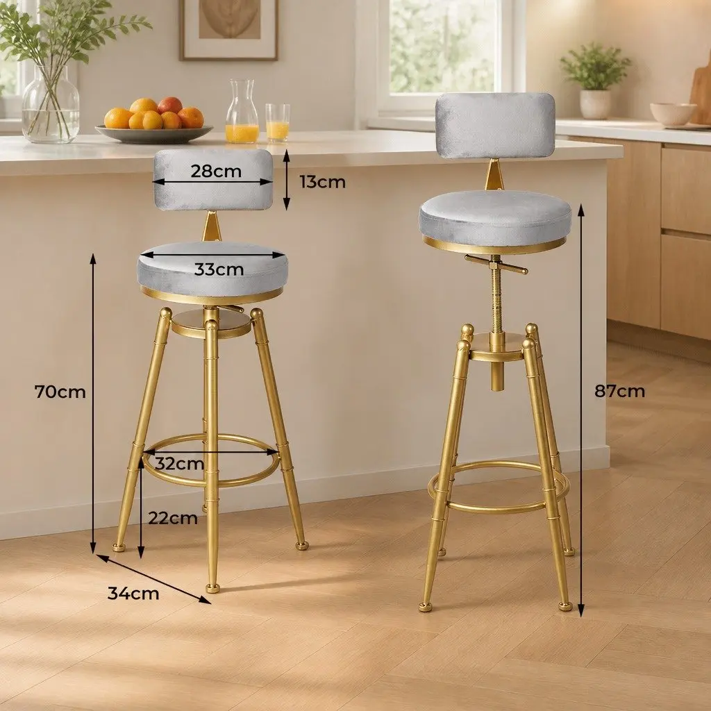 Bar Stools Adjustable Height Swivel Chair Grey Velvet Seat