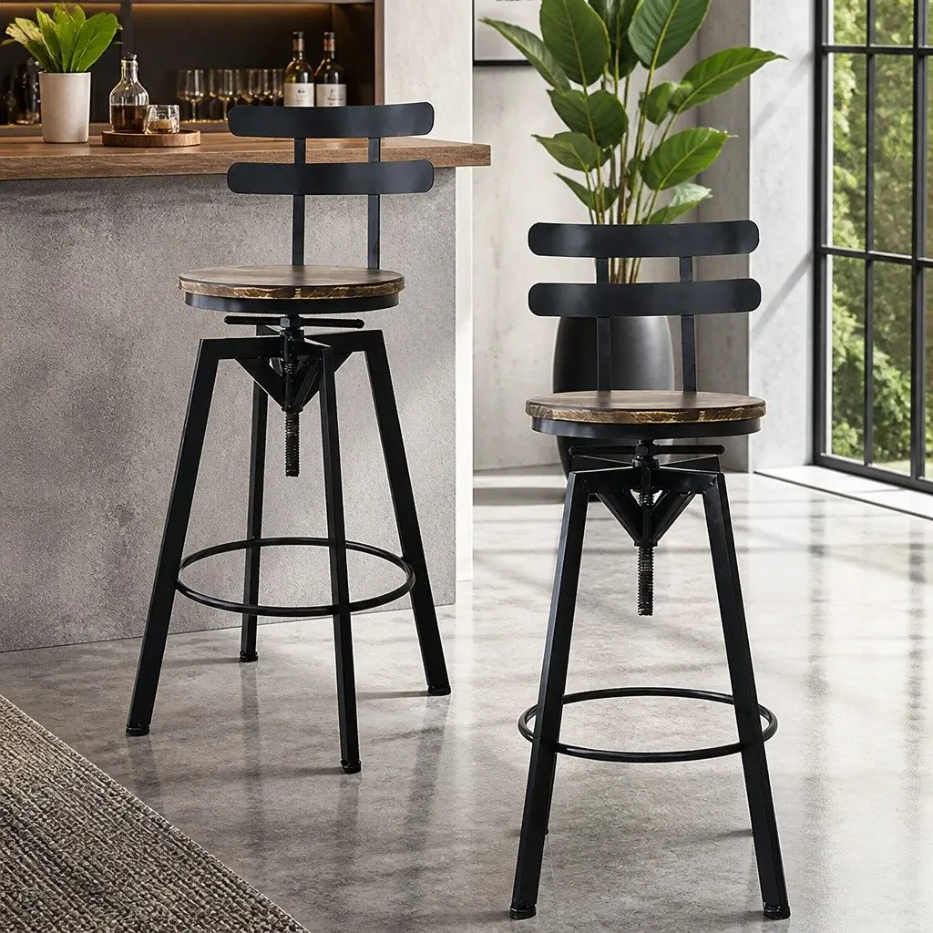 Bar Stool Adjustable Height 360 Swivel Metal Frame Solid Pine Wood Seat Brown