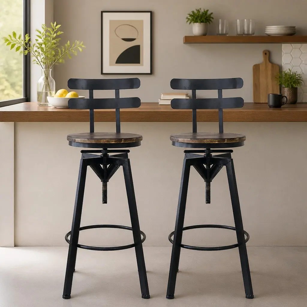 Industrial Bar Stool Adjustable Height 360 Swivel Solid Pine Wood Brown