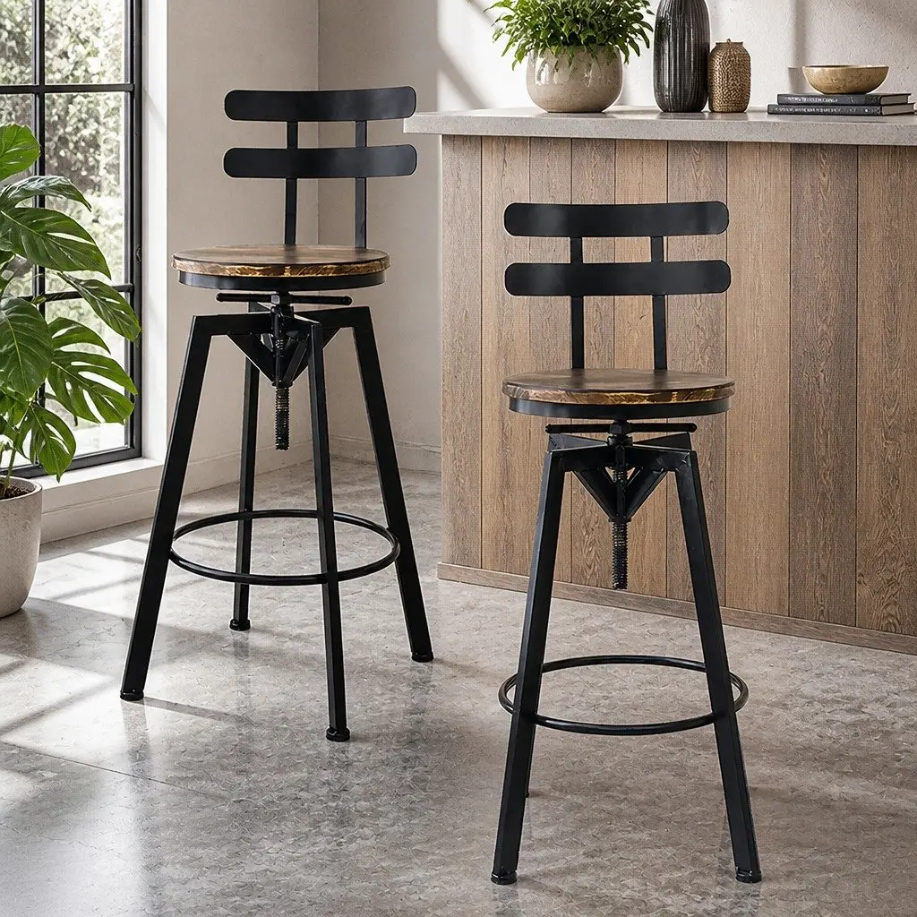 Industrial Bar Stool Adjustable Height 360 Swivel Solid Pine Wood Brown