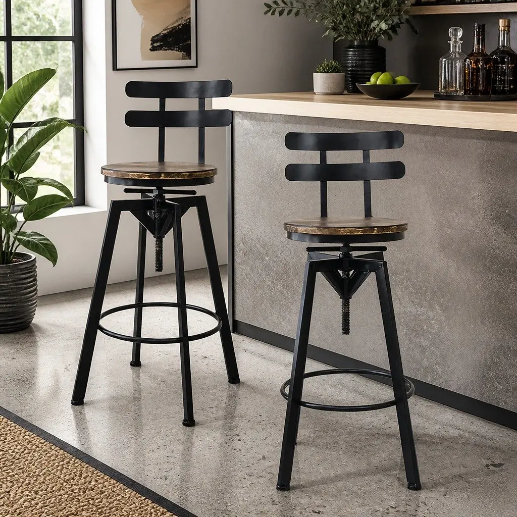 Industrial Bar Stool Adjustable Height 360 Swivel Solid Pine Wood Brown