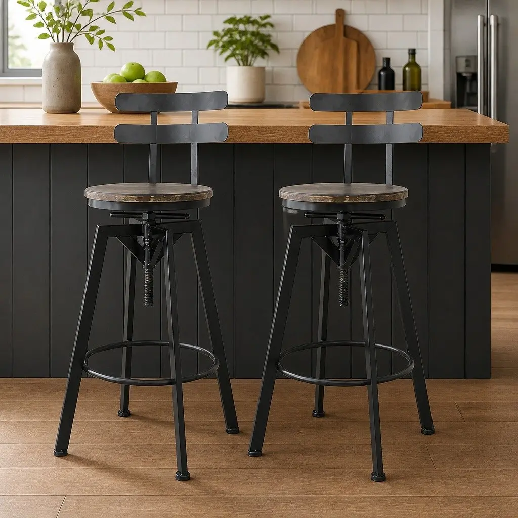 Industrial Bar Stool Adjustable Height 360 Swivel Solid Pine Wood Brown