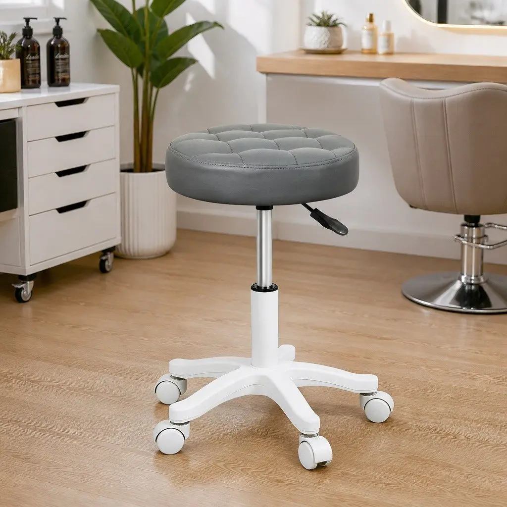 Rolling Bar Stool Gas Lift 360° Swivel Grey PU Leather