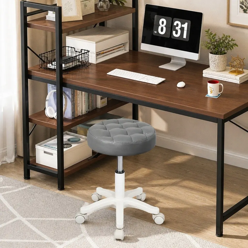 Rolling Bar Stool Gas Lift 360° Swivel Grey PU Leather