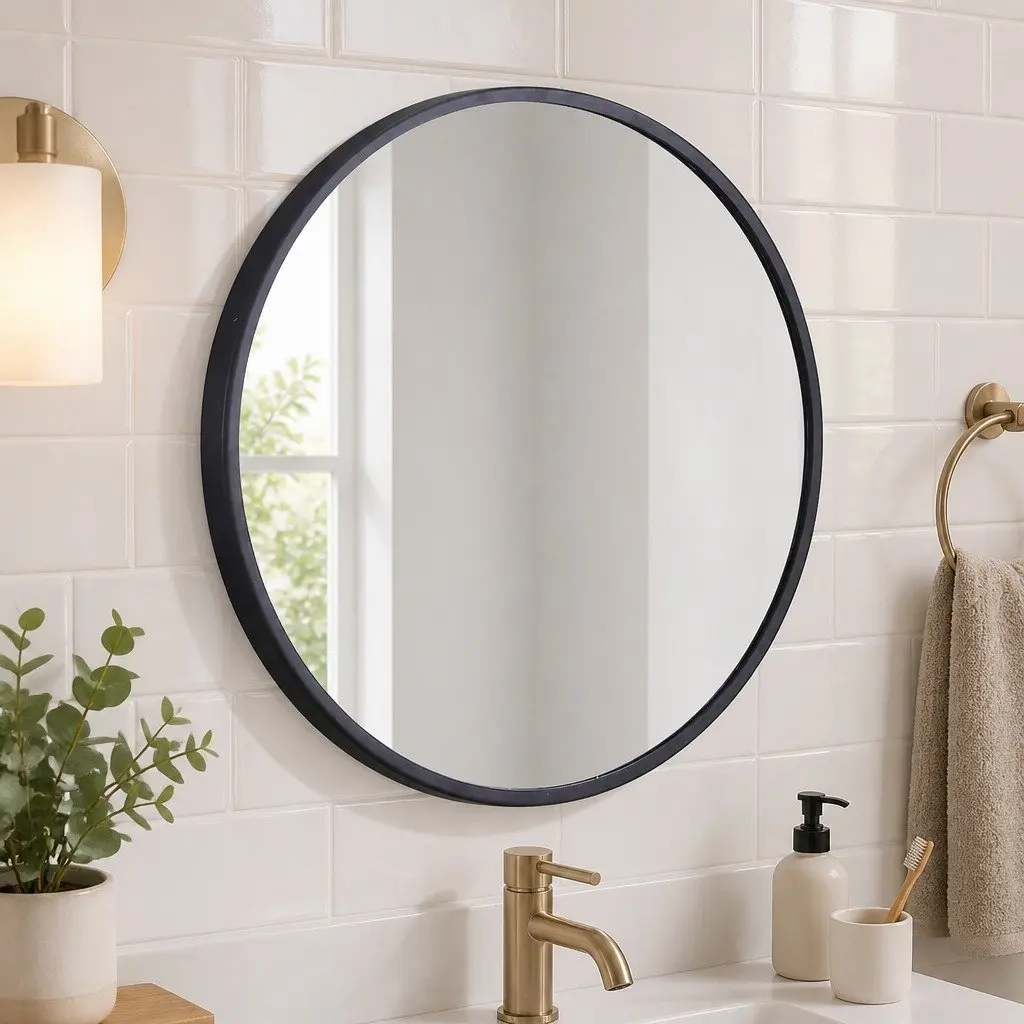 Round Wall Mirror Steel Frame 50/60/70/80cm Black for Bathroom Makeup Self-Grooming Home Decor