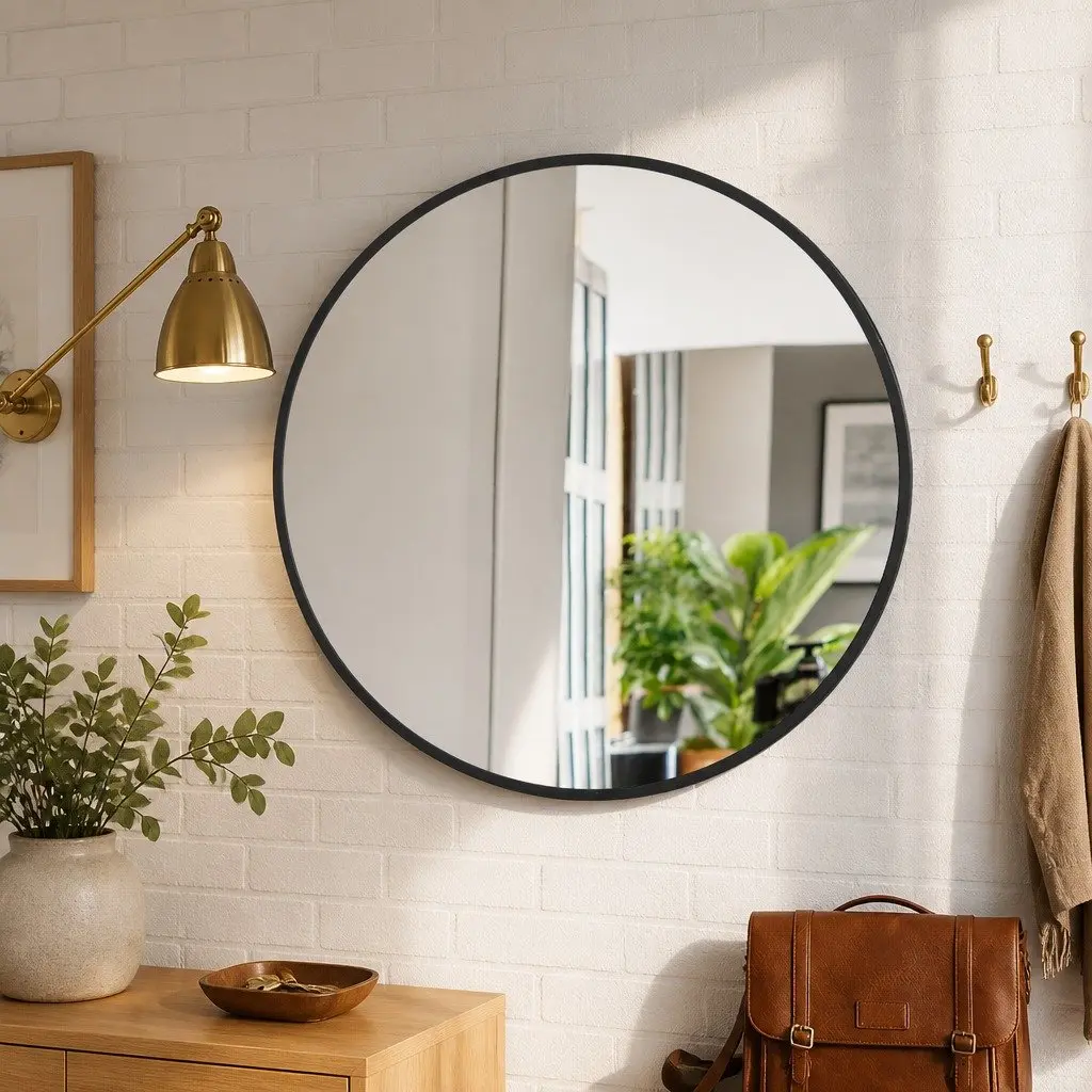 Round Wall Mirror Steel Frame 50/60/70/80cm Black for Bathroom Makeup Self-Grooming Home Decor