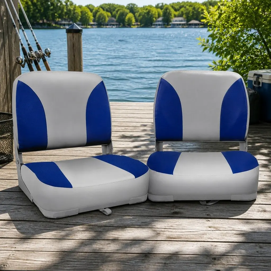 Folding Boat Seats Swivel Low Back Marine Seating Grey Blue 13cm Padding Set of