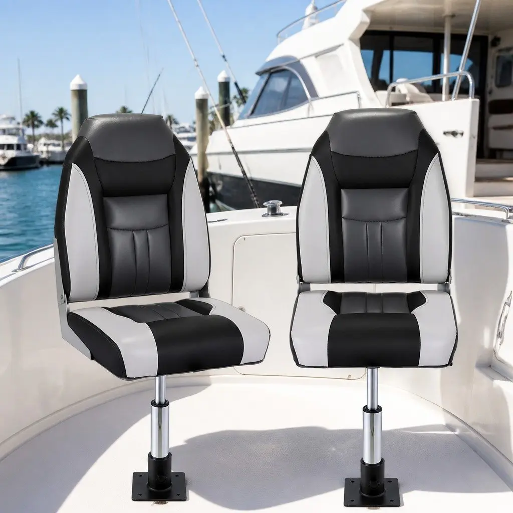 Folding Boat Seats 2X Pack with Adjustable Swivel Pedestals 34–46cm High Back