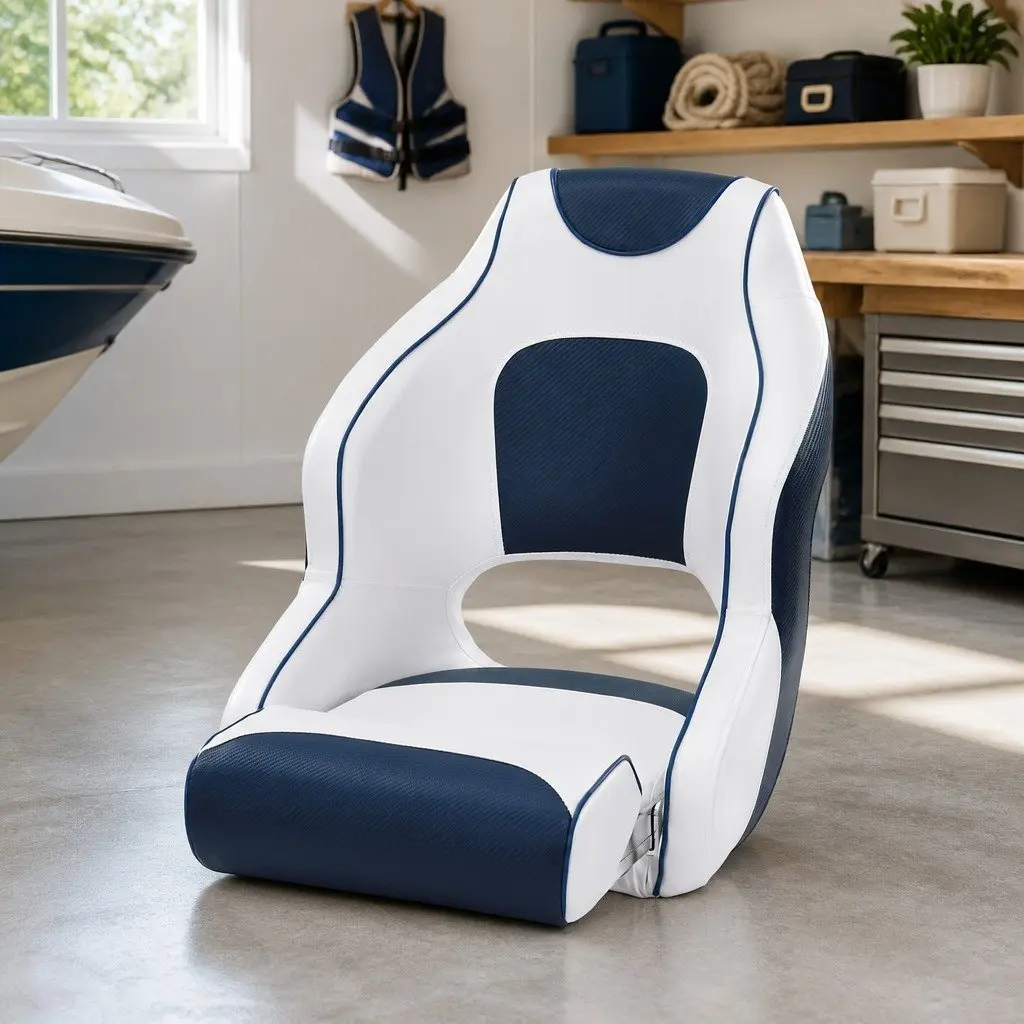Boat Seat Flip Up Swivel Bolster Captain Chair 15cm Padding Blue White